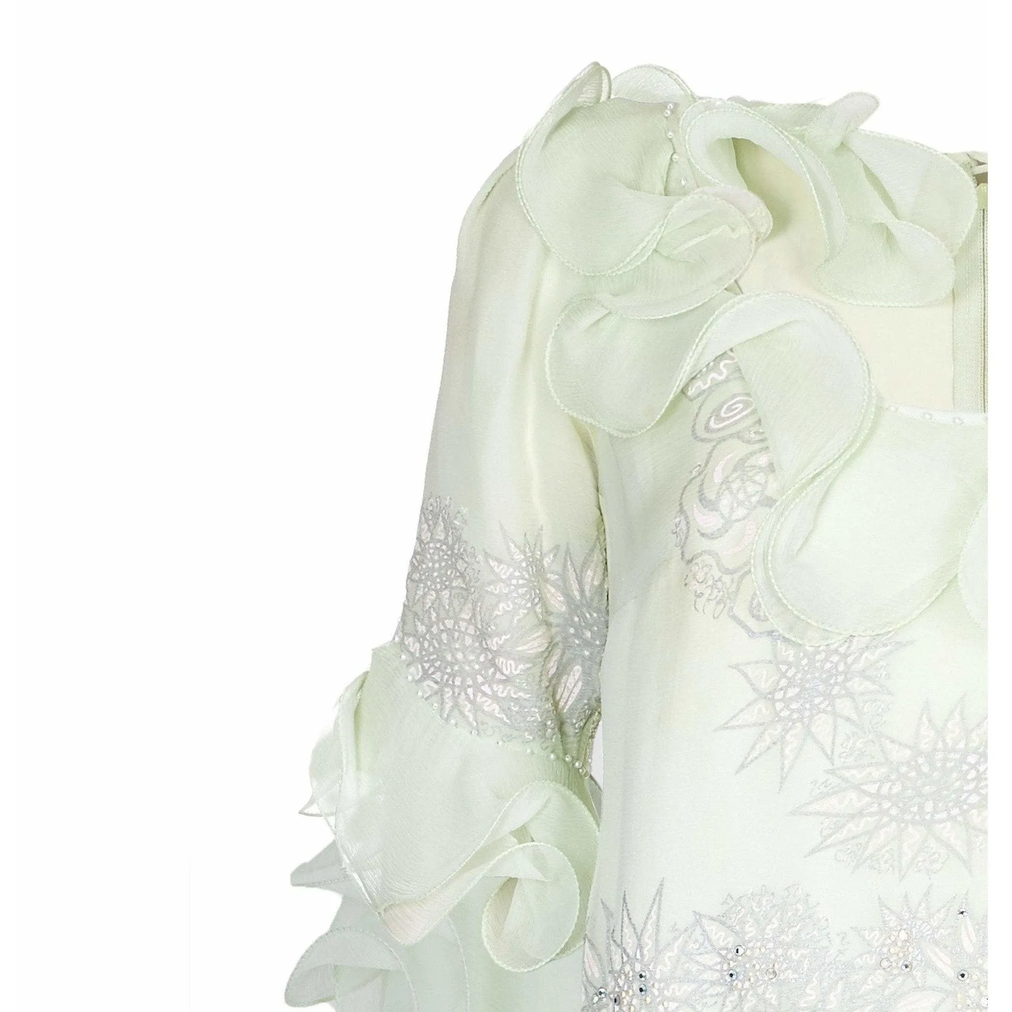 1980s Zandra Rhodes Pale Green Couture Silk Chiffon Dress
