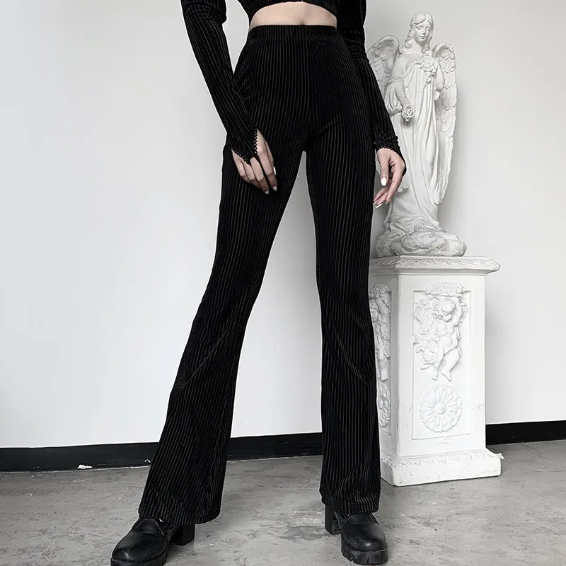 Dark Retro High Waist slim drop bell flared pants ins suede pit strip casual wide leg trousers for girls