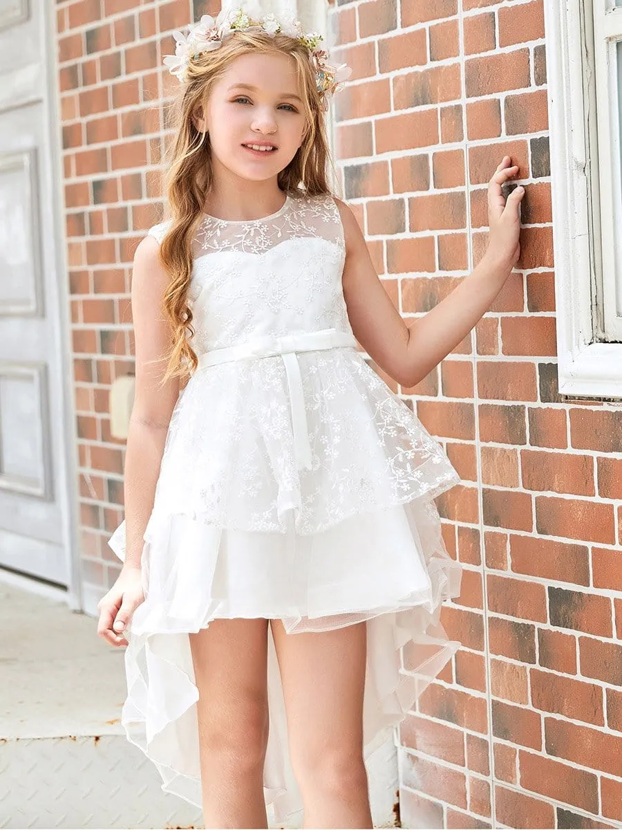 Exquisite Embroidered Round Neck Long Back Short Front Flower Girl Dress