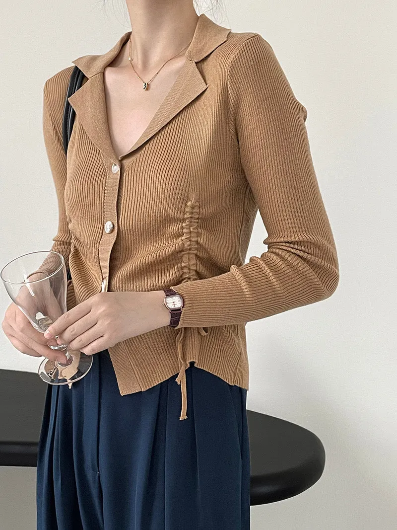 [Korean Style] 4 Color Slim Fit Notched Collar Rib Knit Top