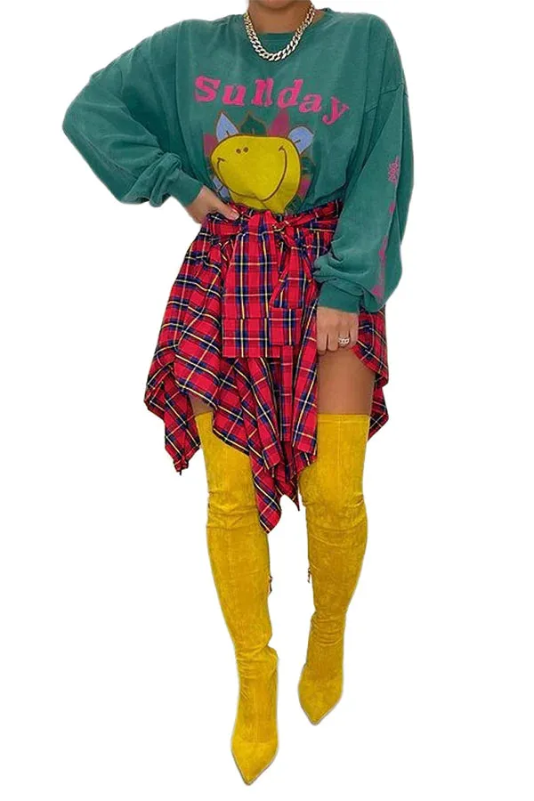 MB FASHION High-Waisted Asymmetrical Plaid Skirt with Faux Tie Detail 6556T