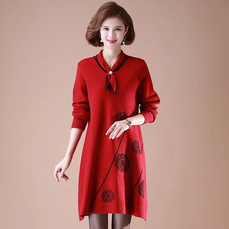 Neckerchief Collar Long Sleeve Knee Length A-line Floral Knit Dress