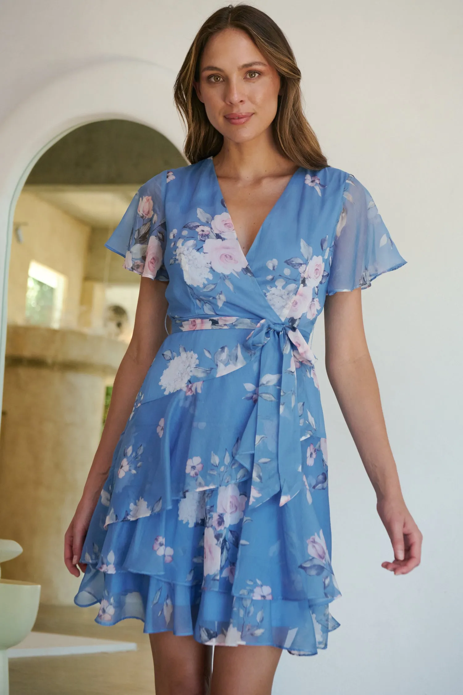 Paloma Chiffon Sky blue/Pink Floral Cross Over Dress