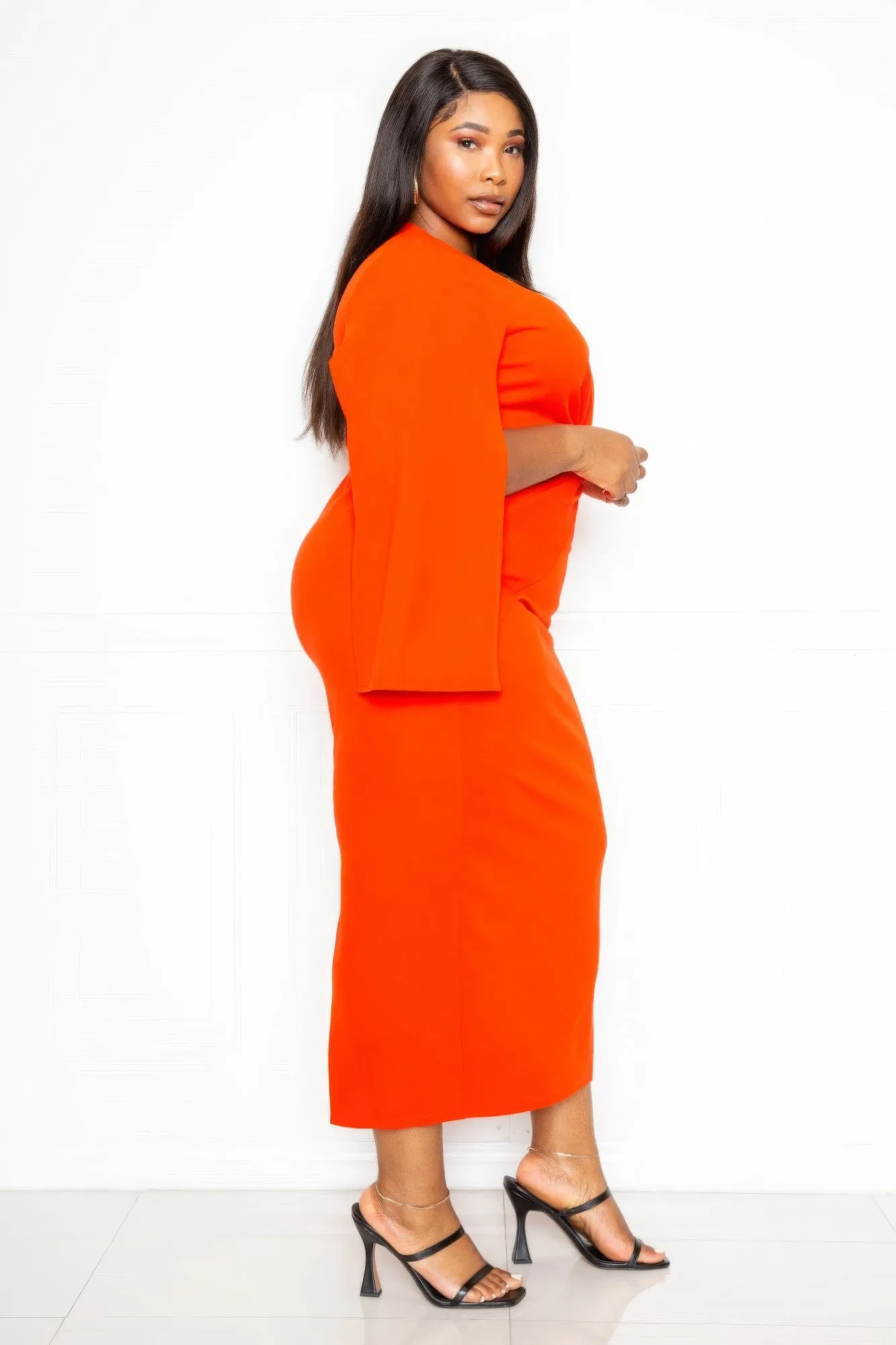 Plus-size Cape Sleeve Straight Dress With Knot Detail