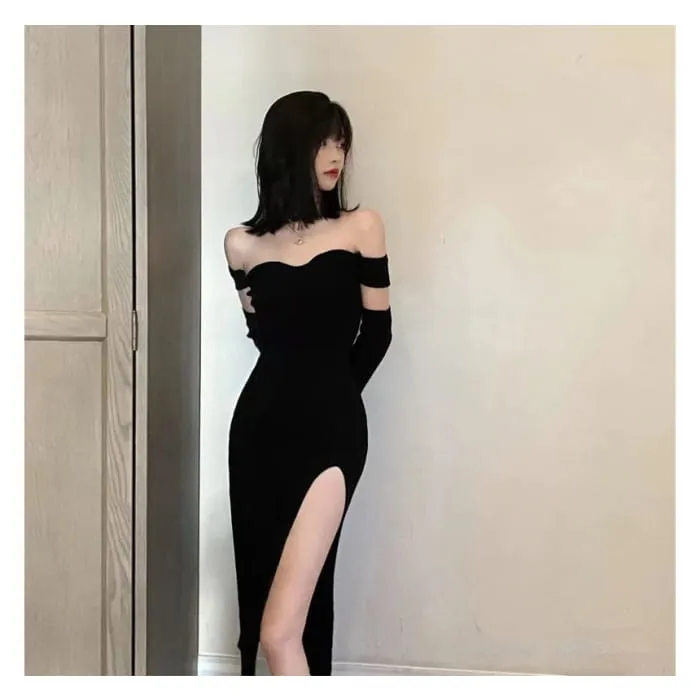 Set: Cap-Sleeve Off Shoulder Knit Sheath Dress   Arm Sleeves