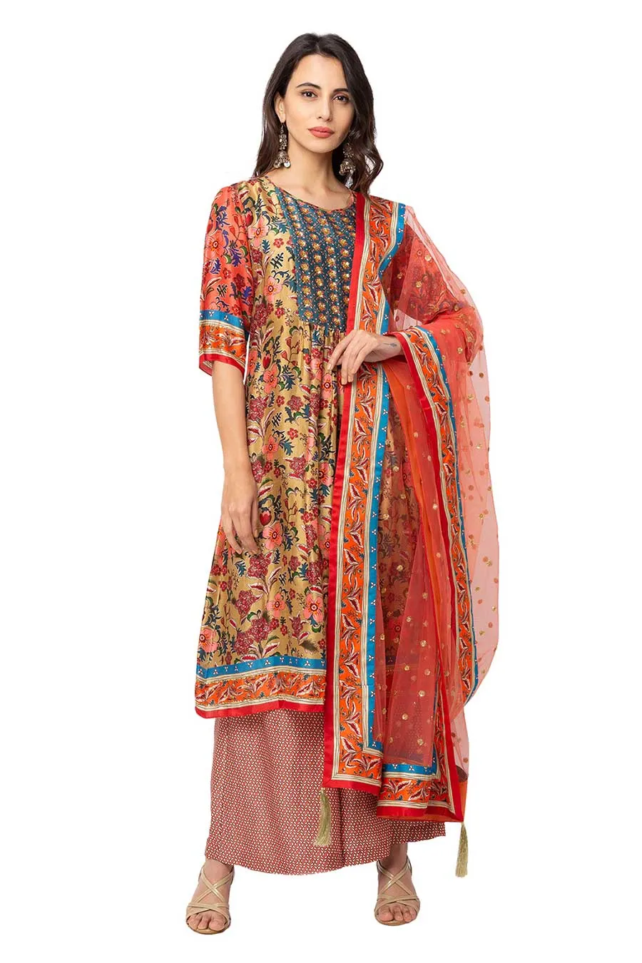 Yellow & Red Kurta Set With Dupatta