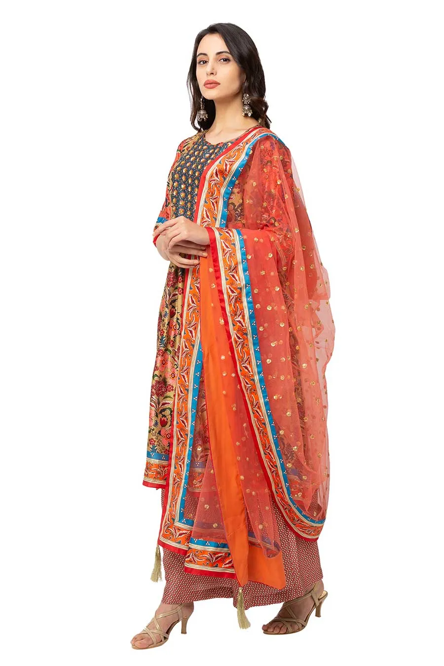 Yellow & Red Kurta Set With Dupatta