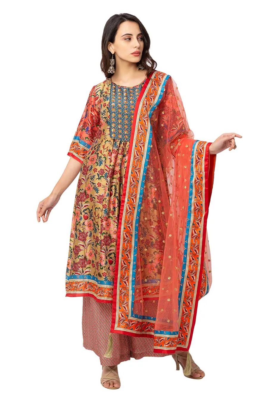 Yellow & Red Kurta Set With Dupatta